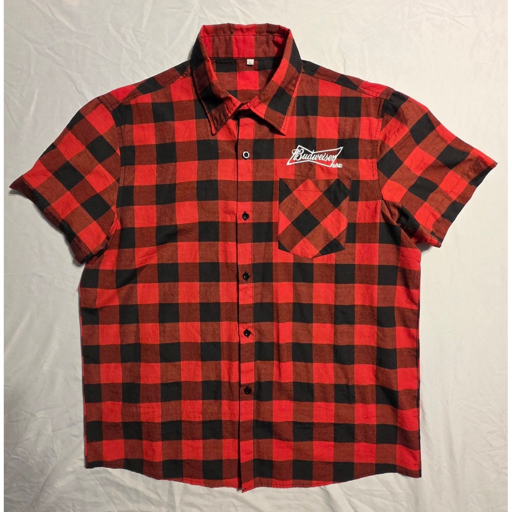 Budweiser Mens L Buffalo Plaid Button Up Shirt Beer Logo Embroidered Red Black